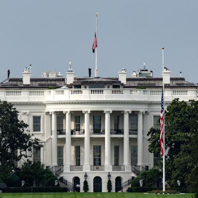 The US flag atop the White House lowered to half-staff after political activist Charlie Kirk had died on September 10, 2025 in Washington, DC.