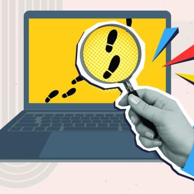 A collage style illustration of a hand holding a magnifying glass over digital footprints on a laptop screen.