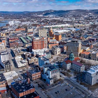 Winter afternoon aerial photo over downtown Binghamton, NY in March 2025.