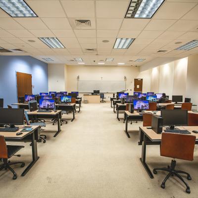 A classroom equipped with computers inside Spring Hill College's Library Building in Mobile, Alabama.