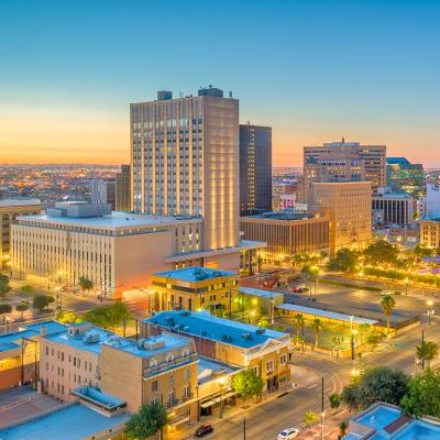 Aerial view of downtown El Paso in Texas at dusk.