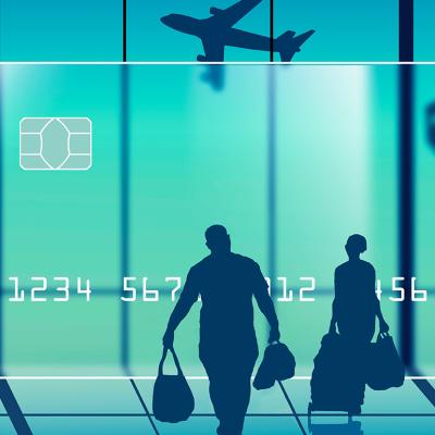 A 3D illustration of a credit card with air travelers in an airport terminal.