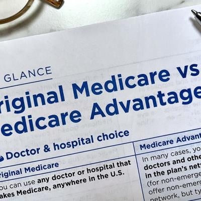 A page headlined 'Original Medicare vs. Medicare Advantage' from a Medicare guidebook.
