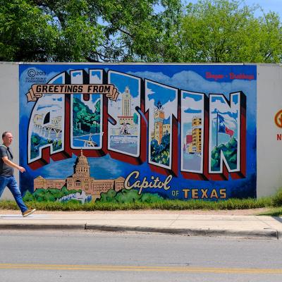 The 'Greetings from Austin' postcard mural in South Congress in Austin, Texas.