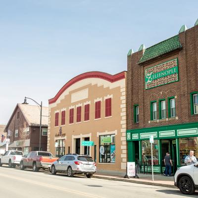 The main street in the borough of Zelienople in Pennsylvania on a sunny day.