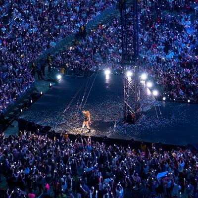 High-angle view above stage of Taylor Swift performing in concert at Wembley Stadium on June 23, 2018 in London, United Kingdom.