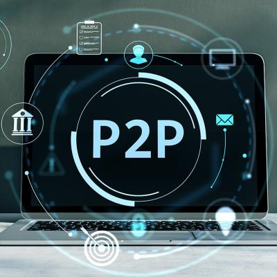 A laptop displaying the word 'P2P', illustrated with technology graphics.