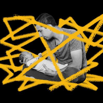 A custom graphic of a father holding his newborn baby illustrated with tangled lines.
