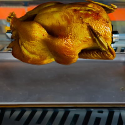 A chicken being roasted in a rotisserie oven.