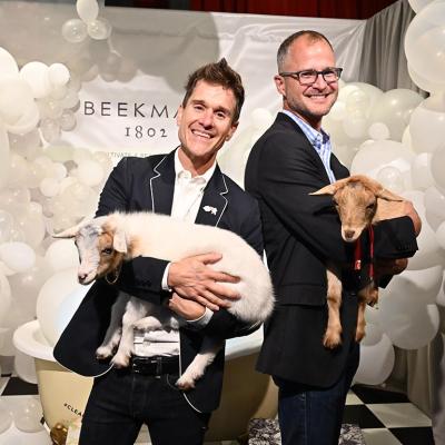 Dr. Brent Ridge and Josh Kilmer-Purcell of Beekman 1802 pose for a photo with Beekman goats as QVC presents Beauty Bash at The Fillmore Philadelphia on June 08, 2019 in Philadelphia, Pennsylvania.