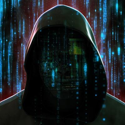 Illustration depicting cybersecurity concept with faceless figure of criminal in a hoodie against futuristic code background symbolizing AI technology.