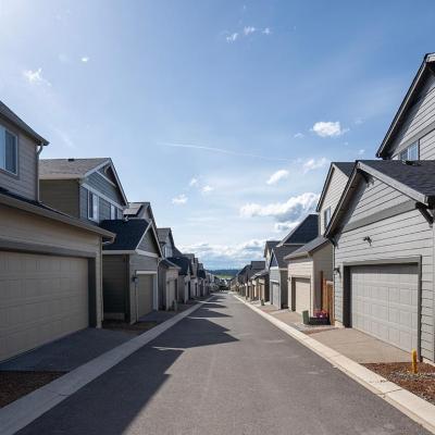 The driveway shared by single-family houses on smaller lots in a large suburban community.