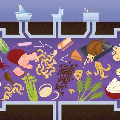 ILlustration depicting all the Thanksgiving detritus that can end up in drains.
