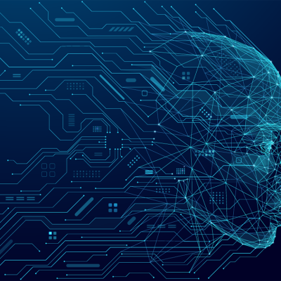 Concept of AI illustrated by abstract human head consisting of connected dots, lines, and polygons flows into the wires of a circuit. The silhouette of a cyborg in low poly blue.