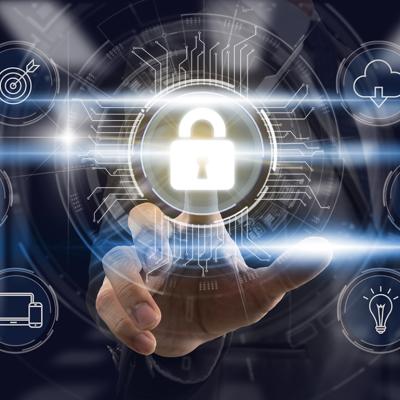 A businessperson touching a lock icon as part of a cybersecurity technology software graphic.
