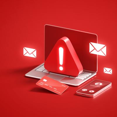 A red 3D illustration of a laptop with a warning sign as a concept of cyber scam or security threat.