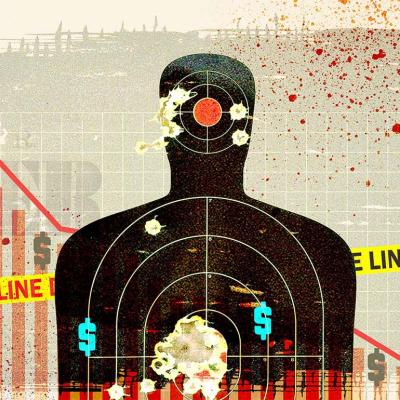 A custom illustration of a shooting target dummy with 'do not cross' police line, crime scene graphics.