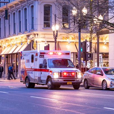 An American Medical Responce ambulance unit in downtown Portland in Oregon.