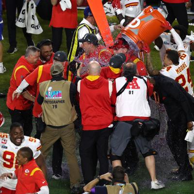 Kansas City Chiefs celebrate after defeating the Philadelphia Eagles 38-35 to win Super Bowl LVII at State Farm Stadium on February 12, 2023 in Glendale, Arizona.