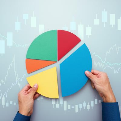 A person completing a pie chart with candlestick, investment charts graphics.
