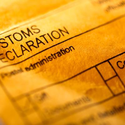 A post envelope closed up on the 'customs declaration' parts to fill out.