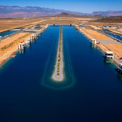 Aerial view of Southern Shores, a deep blue body of water surrounded by dry desert sand, in Hurricane on Wednesday, Sept. 17, 2025.