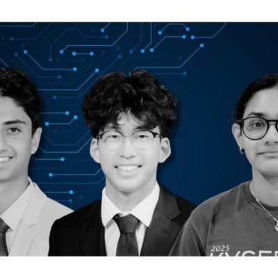 From L-R: Arnav Hingorani, a junior from Desert Mountain High School in Arizona. Ian Son, a senior at Redondo Union High School in California. Neha Palla, a senior at Paul Laurence Dunbar High School in Kentucky, spoke about generative artificial intelligence.