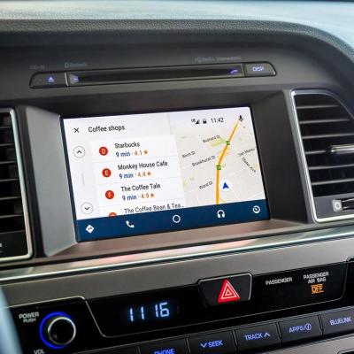 A 2017 Hyundai Sonata's dashboard displaying its GPS system and locations for nearby coffee shops.