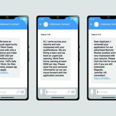 Three examples of scam job offer text messages from an unknown contact.
