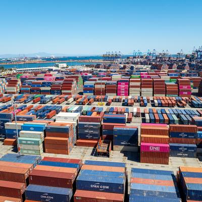 Stacked shipping containers in a port in Los Angeles, California.