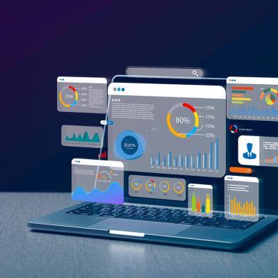 A laptop illustrated with AI data dashboard and software graphics.