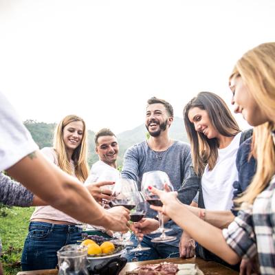 A group of friends making a toast with wine glasses while having a meal outdoors.