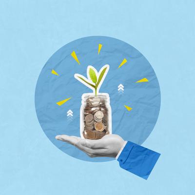 A custom collage illustration of a hand holding a jar of coins growing a plant against a blue background.