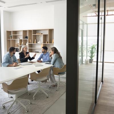 A team of managers in a meeting.