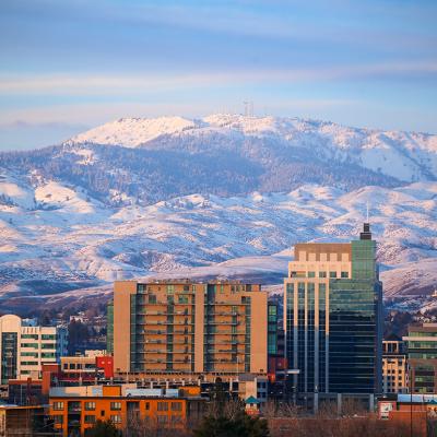 A view of the foothills and Bogus Basin Ski Resort in downtown Boise, Idaho.