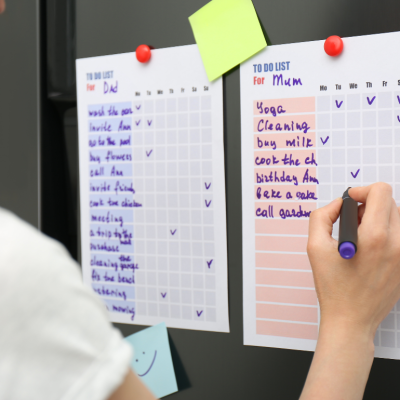 A person checking a to do list on refrigerator door.