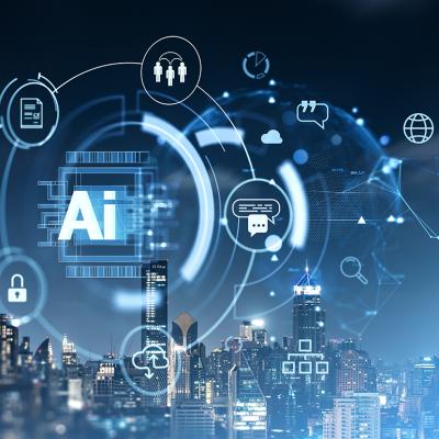 Skyscrapers at night illustrated with AI holographic icons.