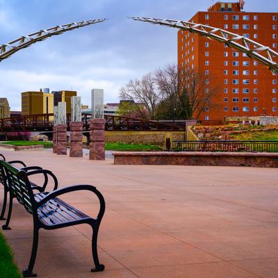 Boardwalk and benches along the Big Sioux River Trail in South Dakota.