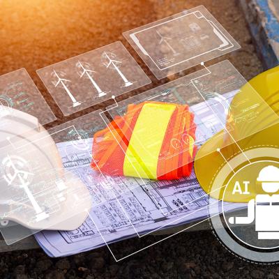 Construction site gear and printed plans illustrated with AI software graphics.