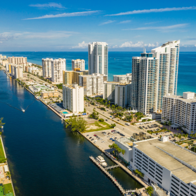 An aerial view of Hollywood Beach, Florida on a clear day.