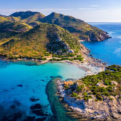 An aerial view of the beautiful beach at Punta Molentis, Villasimius in Sardinia, Italy.
