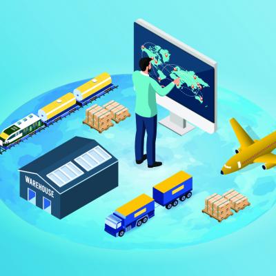 A vector illustration of shipment systems coordinated for global logistics and distribution.