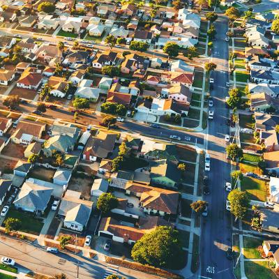 An aerial view of a residential neighborhood in Hawthorne, Los Angeles.