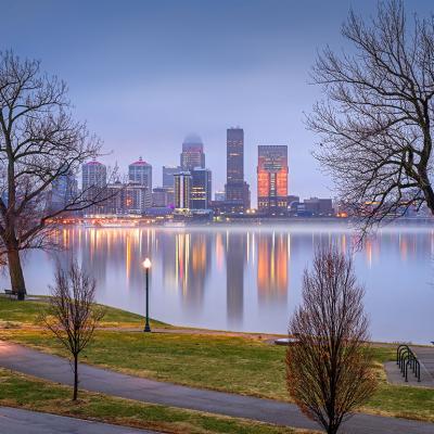 A foggy city view of  the Ohio River in Louisville, Kentucky.