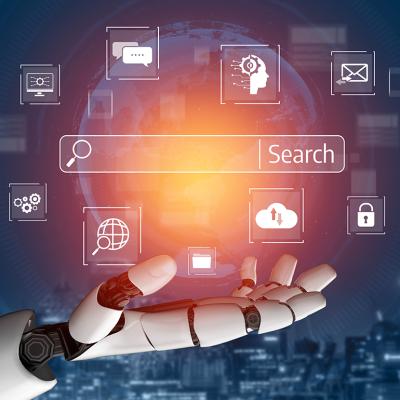 Concept of AI and SEO, keyword search graphics over a hand of a robot.