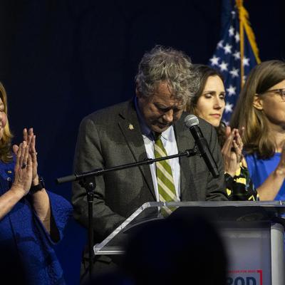 Senator Sherrod Brown (D-OH) gives a concession speech during an Election Night party on November 5, 2024 in Columbus, Ohio.