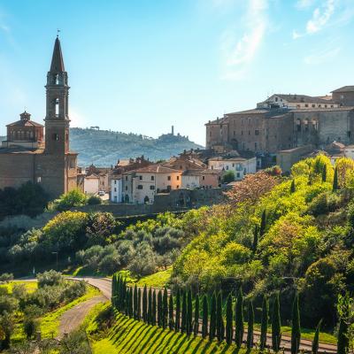 Historic town of Castiglion Fiorentino and the Collegiata di San Giuliano Church in Tuscany, Italy.