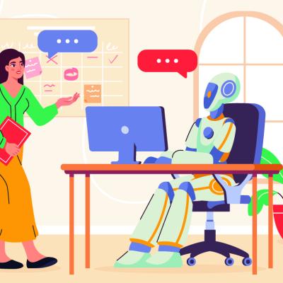 A vector illustration showing a female professional talking to an AI robot in an office.