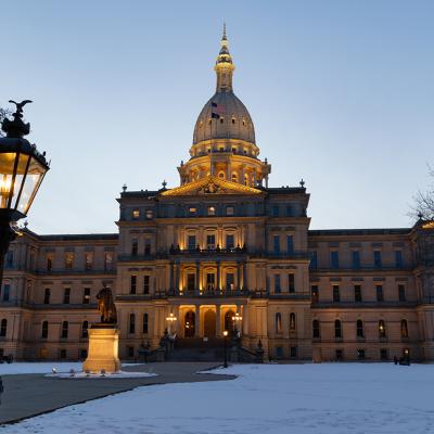 The facade of the State Capitol Building of Michigan in Lansing.