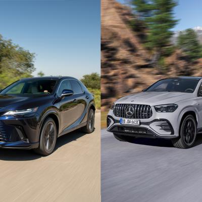 Side-by-side by photos of a Mercedes-Benz GLE and Lexus RX driving on a road.